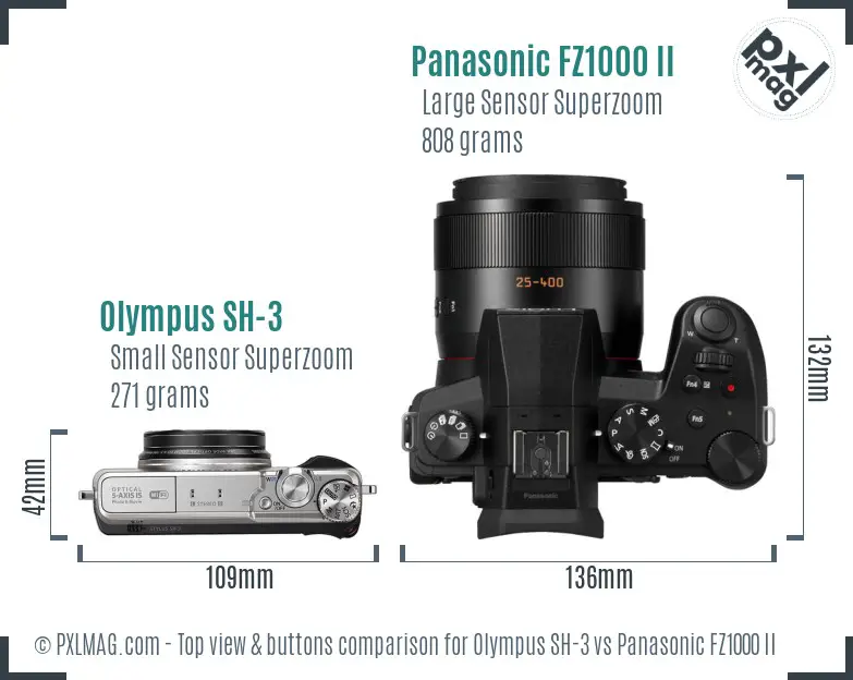 Olympus SH-3 vs Panasonic FZ1000 II top view buttons comparison