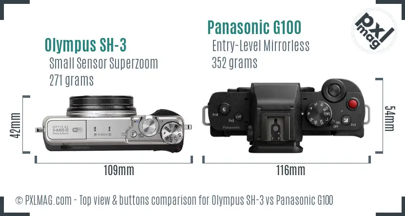 Olympus SH-3 vs Panasonic G100 top view buttons comparison