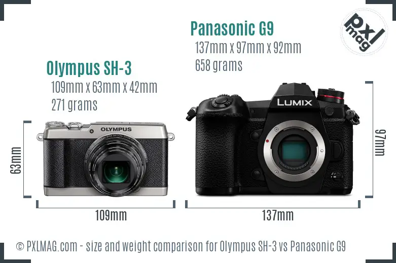 Olympus SH-3 vs Panasonic G9 size comparison