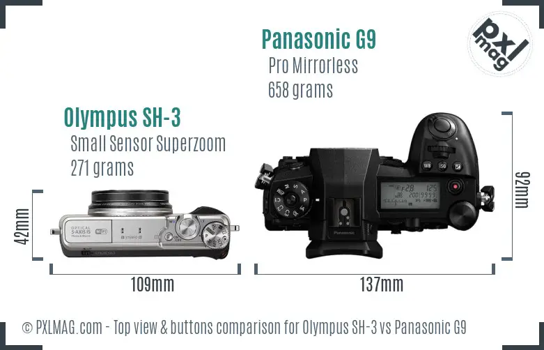 Olympus SH-3 vs Panasonic G9 top view buttons comparison