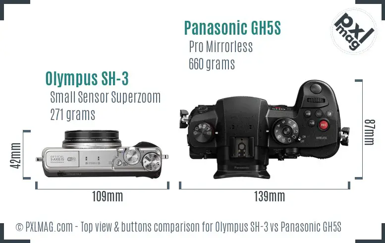 Olympus SH-3 vs Panasonic GH5S top view buttons comparison