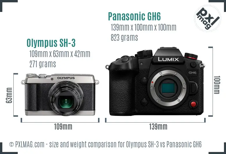 Olympus SH-3 vs Panasonic GH6 size comparison Olympus SH-3 vs Panasonic GH6 size comparison