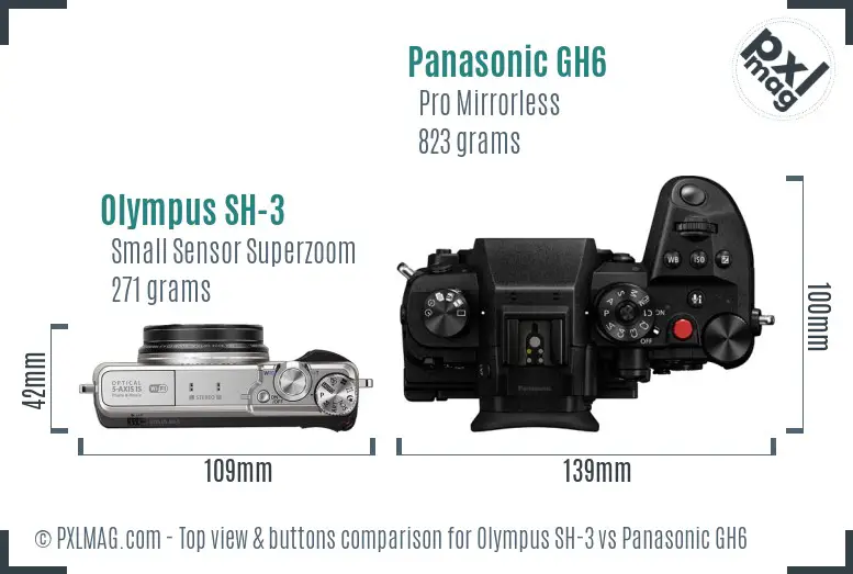 Olympus SH-3 vs Panasonic GH6 top view buttons comparison Olympus SH-3 vs Panasonic GH6 top view buttons comparison