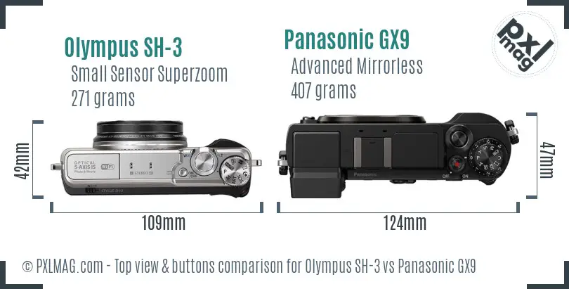 Olympus SH-3 vs Panasonic GX9 top view buttons comparison