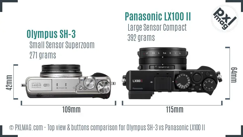 Olympus SH-3 vs Panasonic LX100 II top view buttons comparison