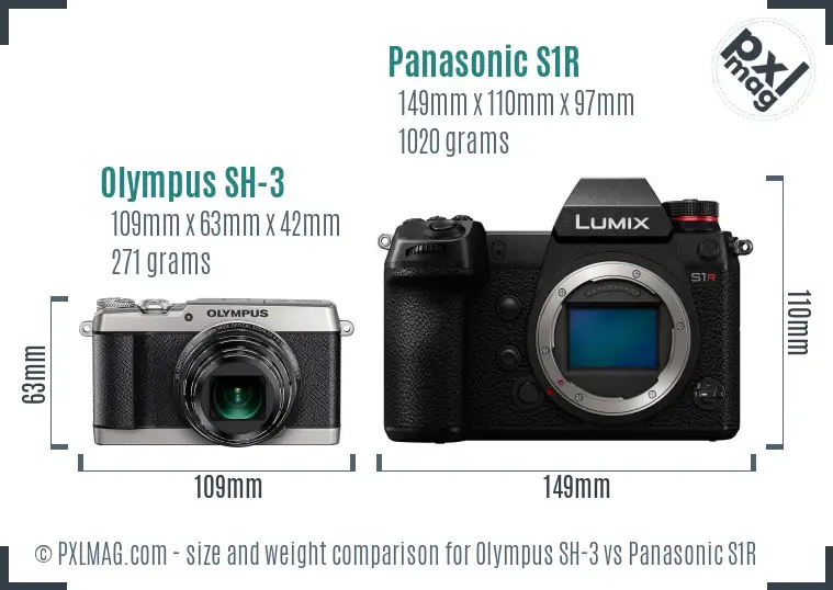 Olympus SH-3 vs Panasonic S1R size comparison