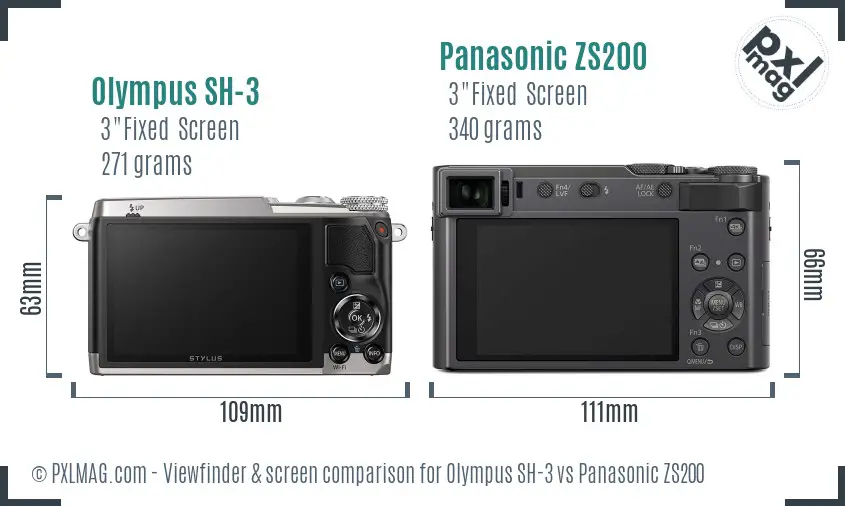 Olympus SH-3 vs Panasonic ZS200 Screen and Viewfinder comparison