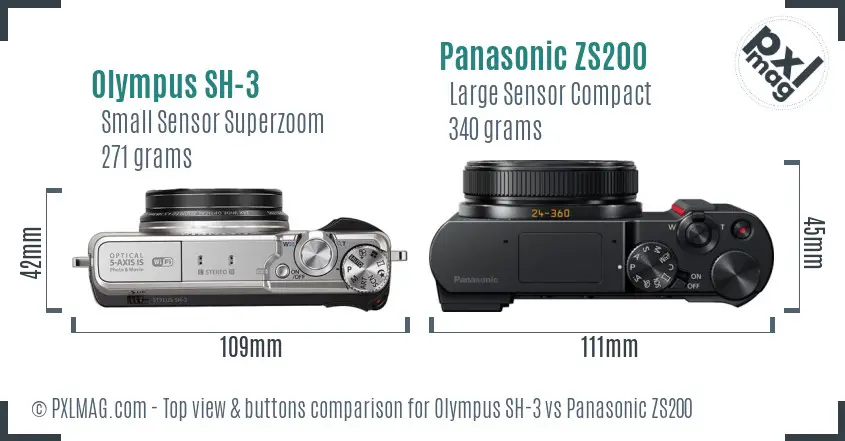Olympus SH-3 vs Panasonic ZS200 top view buttons comparison