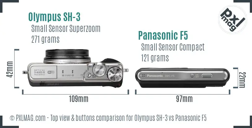 Olympus SH-3 vs Panasonic F5 top view buttons comparison