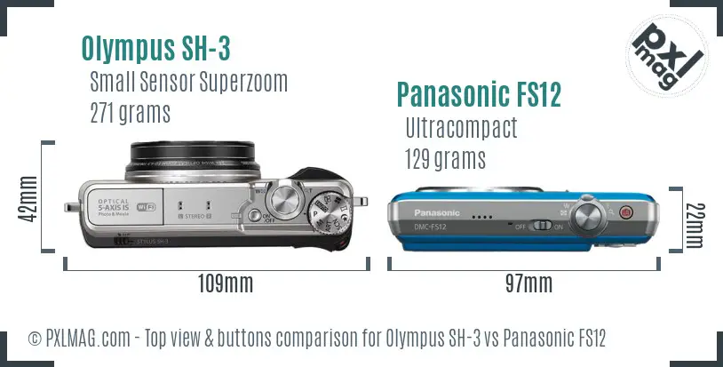 Olympus SH-3 vs Panasonic FS12 top view buttons comparison