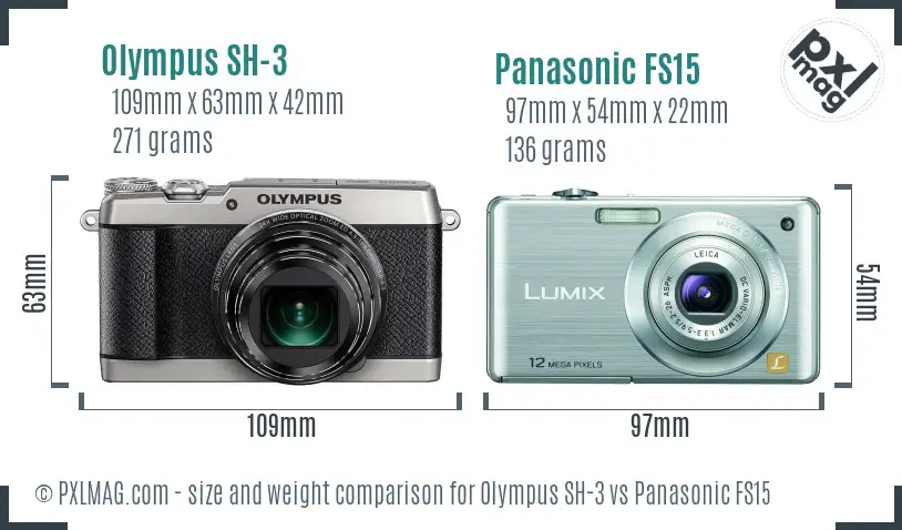 Olympus SH-3 vs Panasonic FS15 size comparison