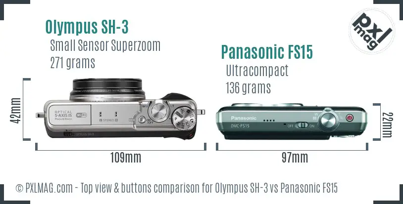 Olympus SH-3 vs Panasonic FS15 top view buttons comparison