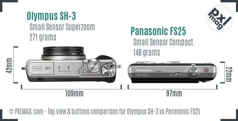 Olympus SH-3 vs Panasonic FS25 top view buttons comparison