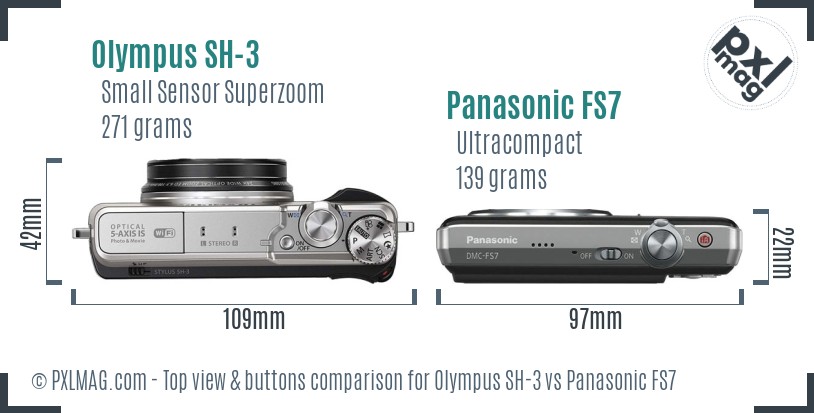 Olympus SH-3 vs Panasonic FS7 top view buttons comparison