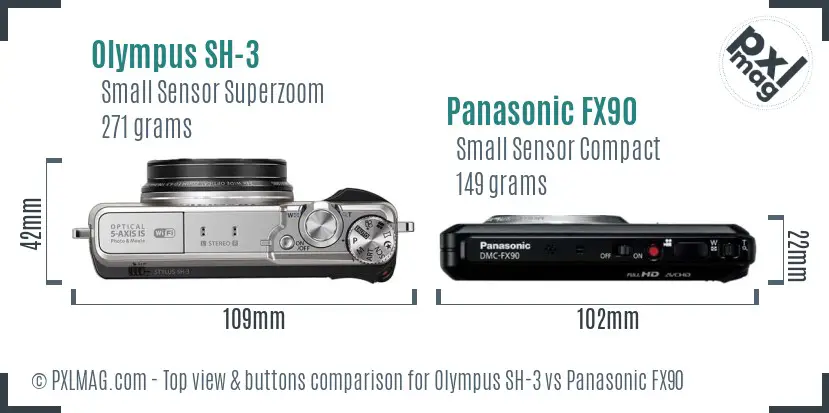 Olympus SH-3 vs Panasonic FX90 top view buttons comparison