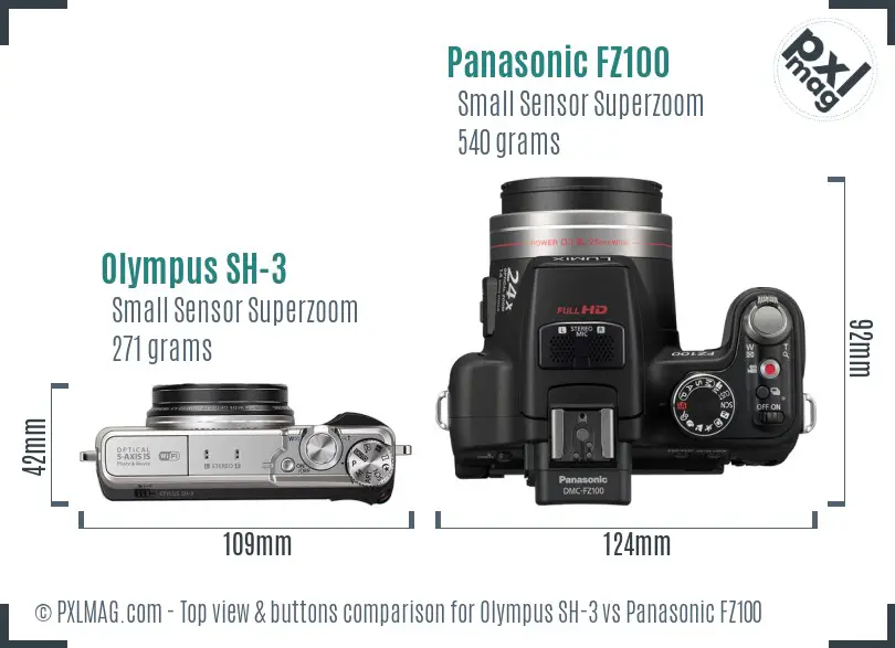 Olympus SH-3 vs Panasonic FZ100 top view buttons comparison