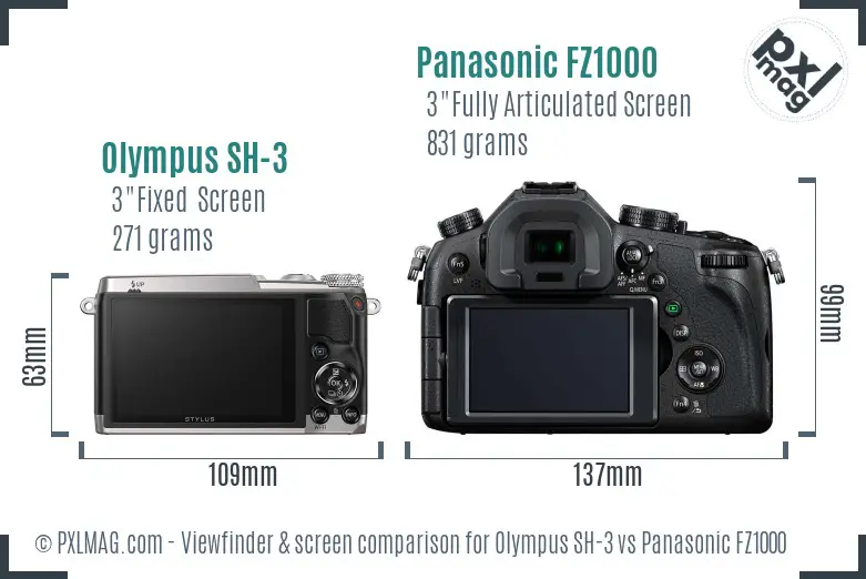 Olympus SH-3 vs Panasonic FZ1000 Screen and Viewfinder comparison