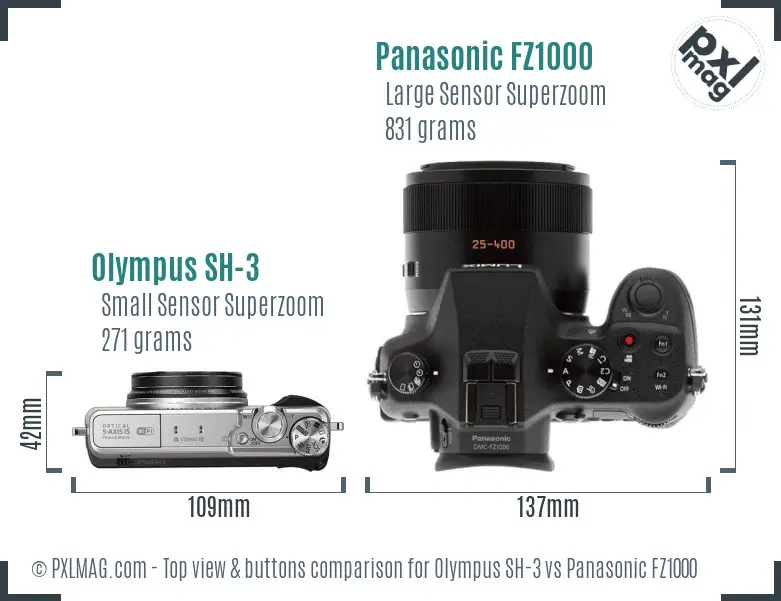 Olympus SH-3 vs Panasonic FZ1000 top view buttons comparison