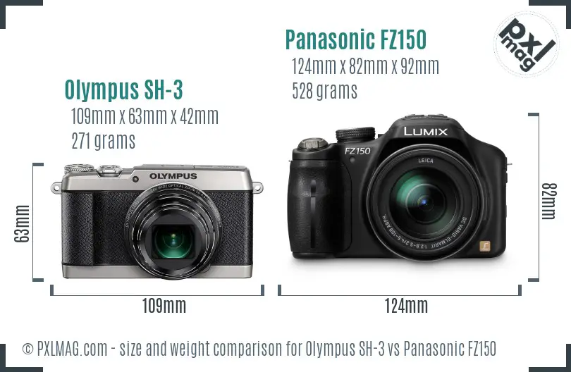 Olympus SH-3 vs Panasonic FZ150 size comparison
