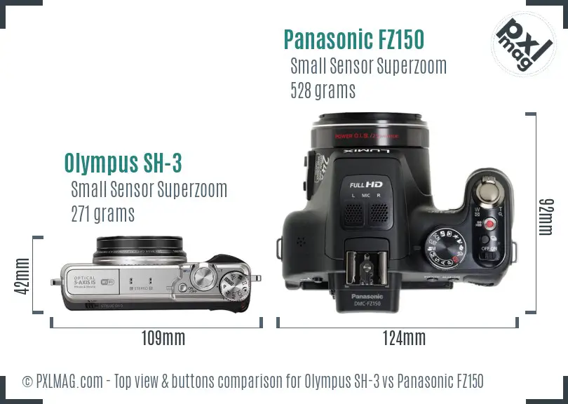 Olympus SH-3 vs Panasonic FZ150 top view buttons comparison