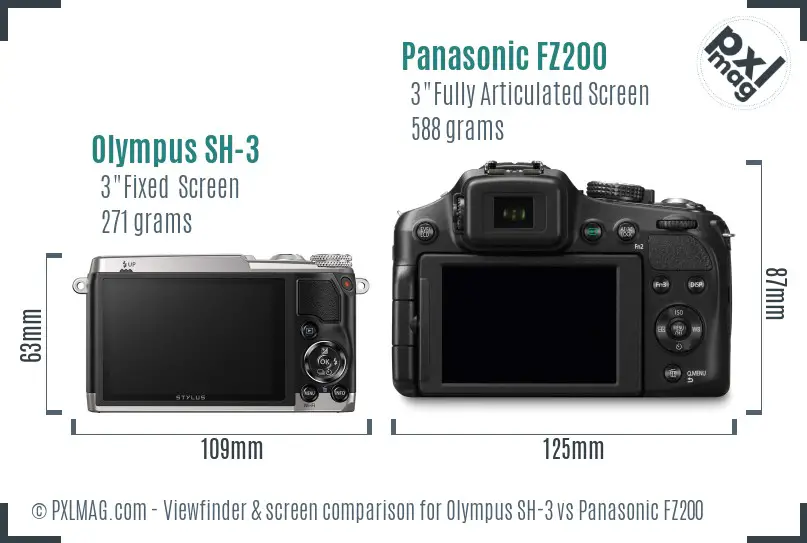 Olympus SH-3 vs Panasonic FZ200 Screen and Viewfinder comparison