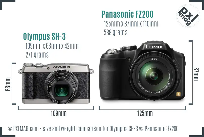 Olympus SH-3 vs Panasonic FZ200 size comparison