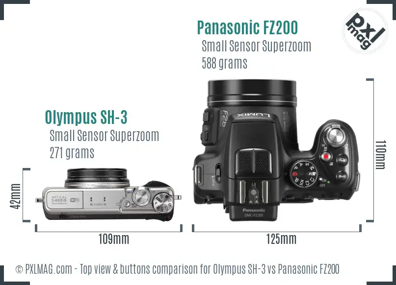 Olympus SH-3 vs Panasonic FZ200 top view buttons comparison