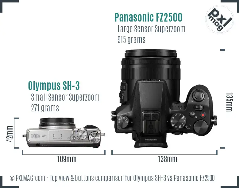 Olympus SH-3 vs Panasonic FZ2500 top view buttons comparison