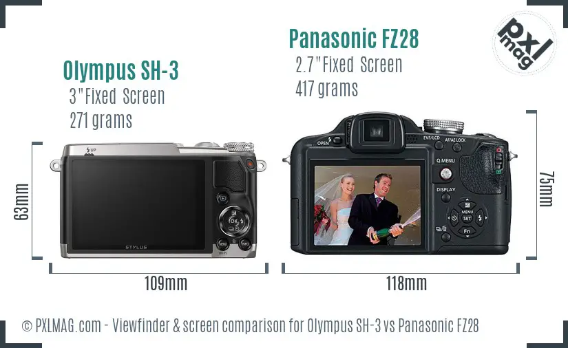 Olympus SH-3 vs Panasonic FZ28 Screen and Viewfinder comparison