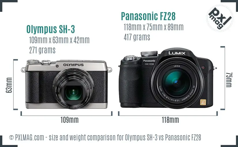 Olympus SH-3 vs Panasonic FZ28 size comparison