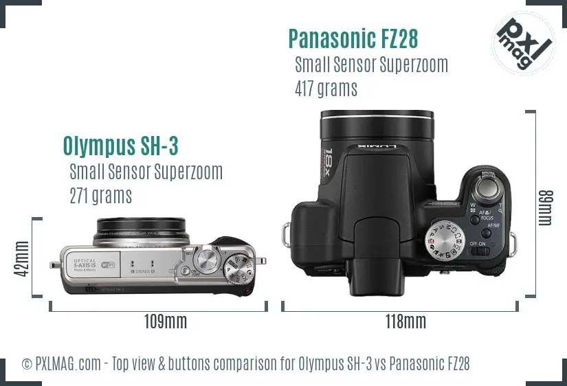 Olympus SH-3 vs Panasonic FZ28 top view buttons comparison
