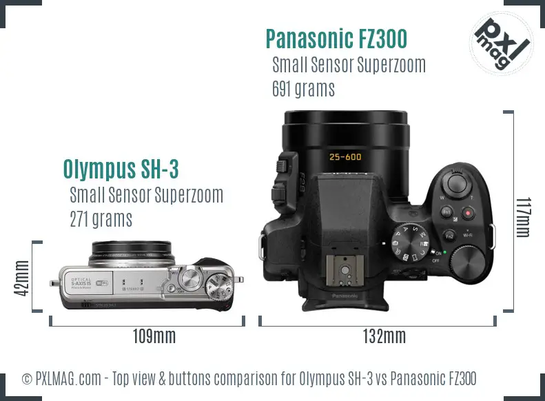 Olympus SH-3 vs Panasonic FZ300 top view buttons comparison