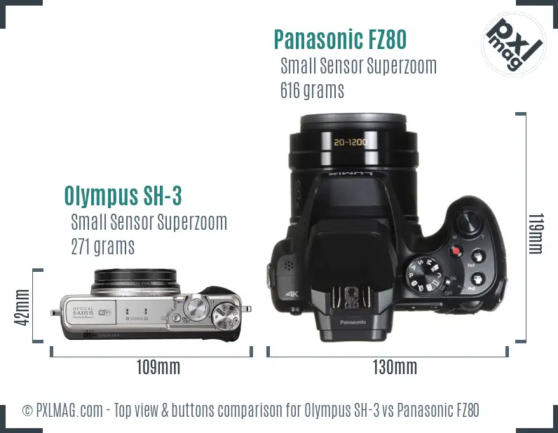 Olympus SH-3 vs Panasonic FZ80 top view buttons comparison