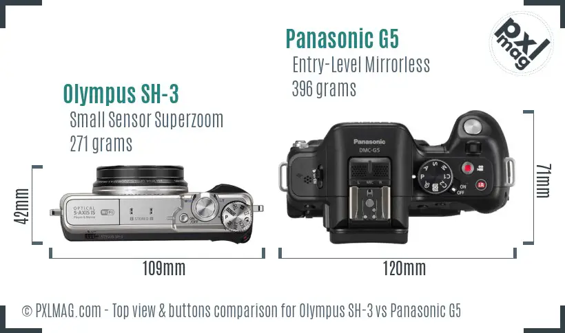 Olympus SH-3 vs Panasonic G5 top view buttons comparison