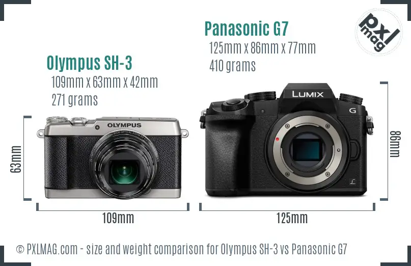 Olympus SH-3 vs Panasonic G7 size comparison