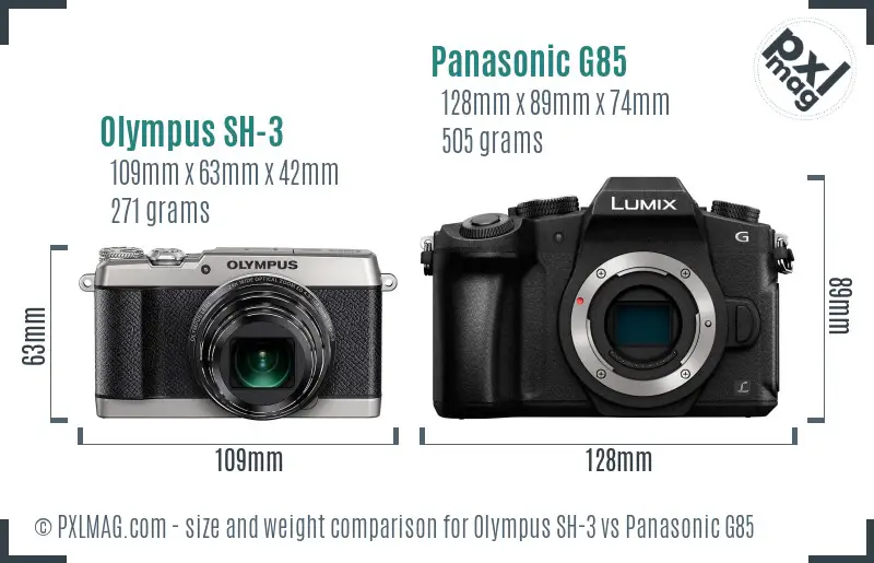 Olympus SH-3 vs Panasonic G85 size comparison