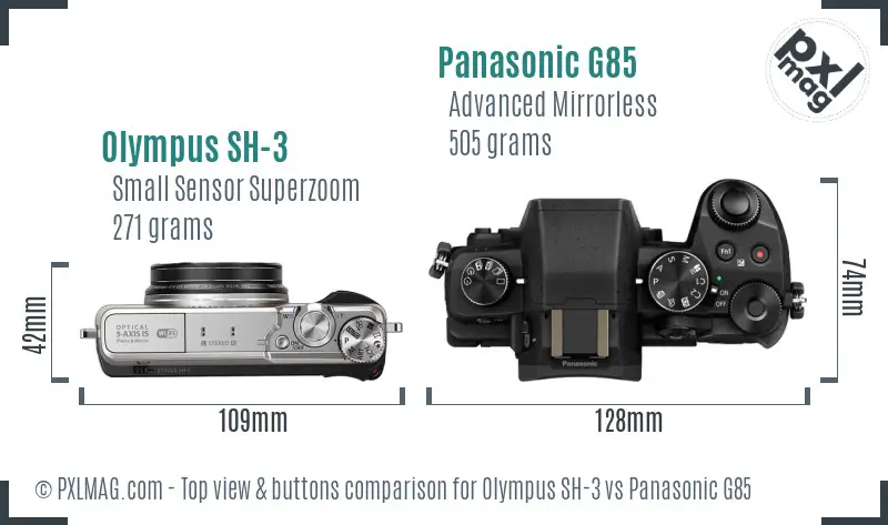 Olympus SH-3 vs Panasonic G85 top view buttons comparison