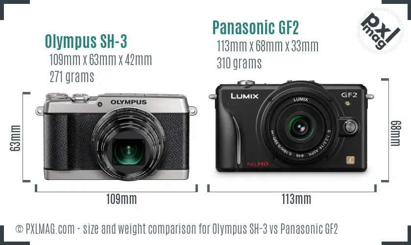 Olympus SH-3 vs Panasonic GF2 size comparison