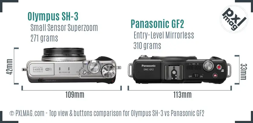 Olympus SH-3 vs Panasonic GF2 top view buttons comparison