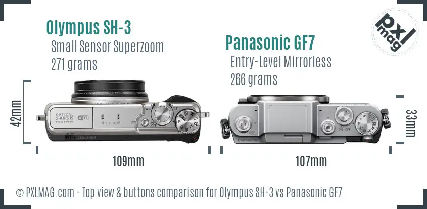 Olympus SH-3 vs Panasonic GF7 top view buttons comparison