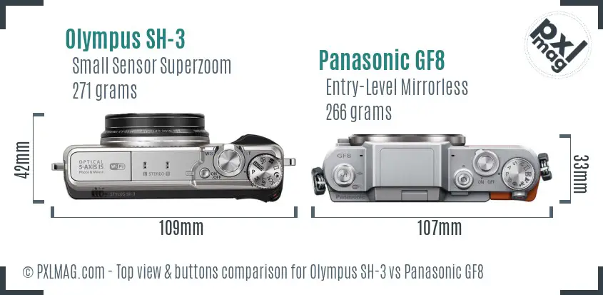 Olympus SH-3 vs Panasonic GF8 top view buttons comparison