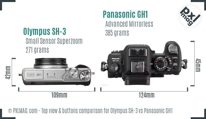 Olympus SH-3 vs Panasonic GH1 top view buttons comparison