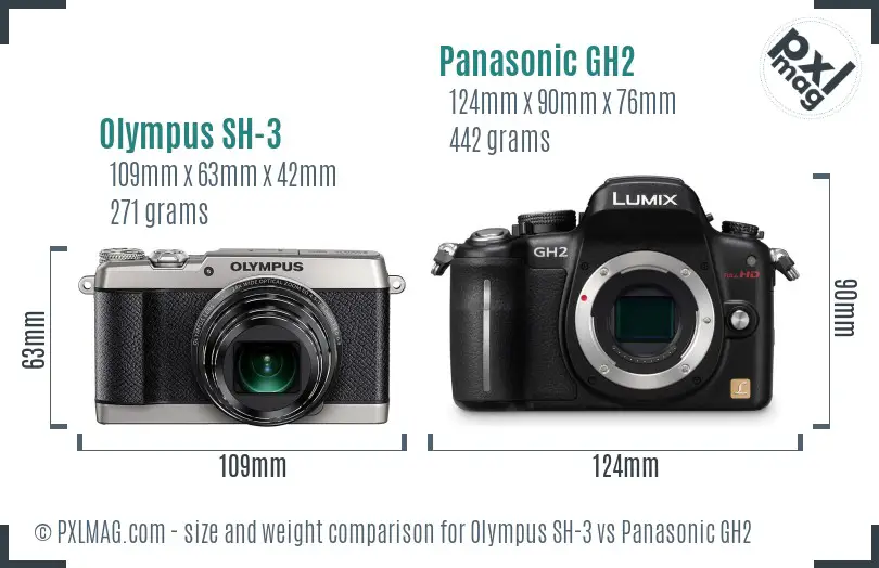 Olympus SH-3 vs Panasonic GH2 size comparison