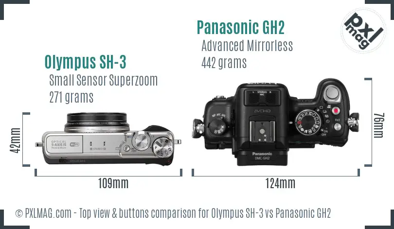 Olympus SH-3 vs Panasonic GH2 top view buttons comparison