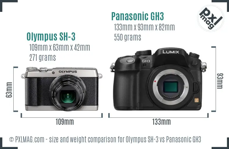 Olympus SH-3 vs Panasonic GH3 size comparison