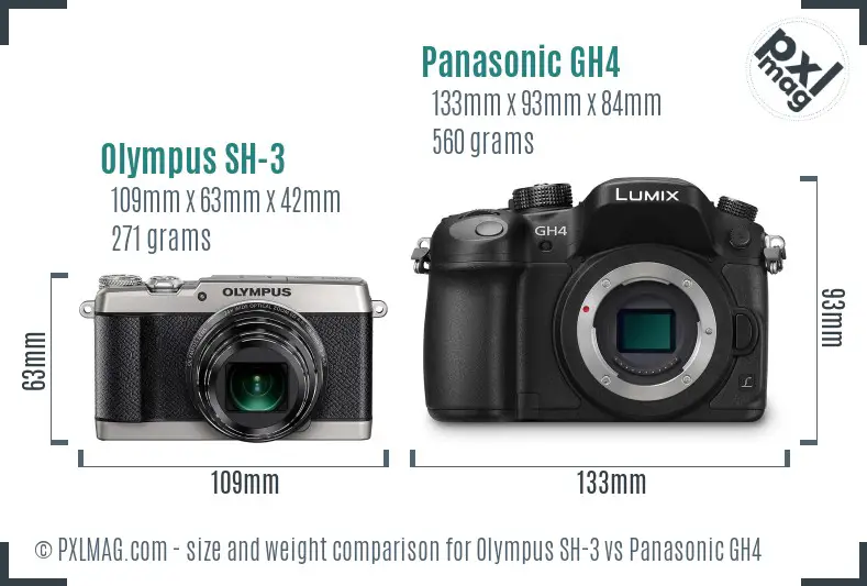 Olympus SH-3 vs Panasonic GH4 size comparison