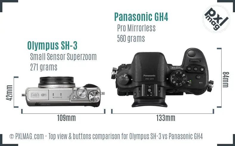 Olympus SH-3 vs Panasonic GH4 top view buttons comparison