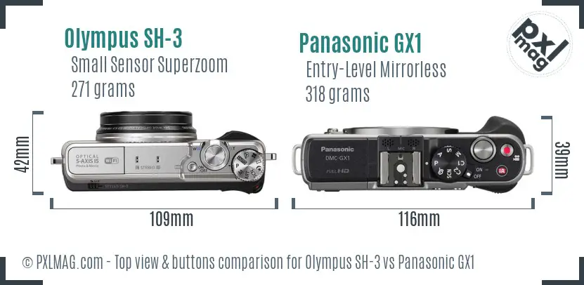 Olympus SH-3 vs Panasonic GX1 top view buttons comparison