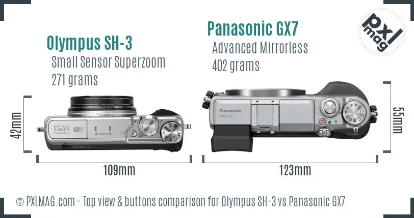 Olympus SH-3 vs Panasonic GX7 top view buttons comparison
