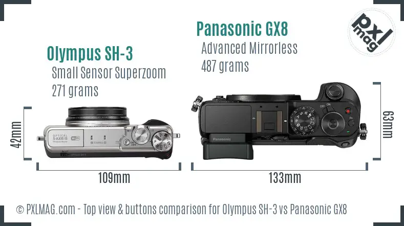 Olympus SH-3 vs Panasonic GX8 top view buttons comparison